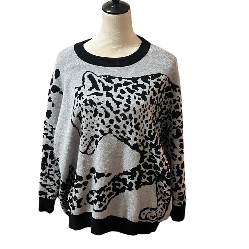Joseph A Womens Sweater Leopard Pullover 3/4 Sleeves Gray Black Size Small